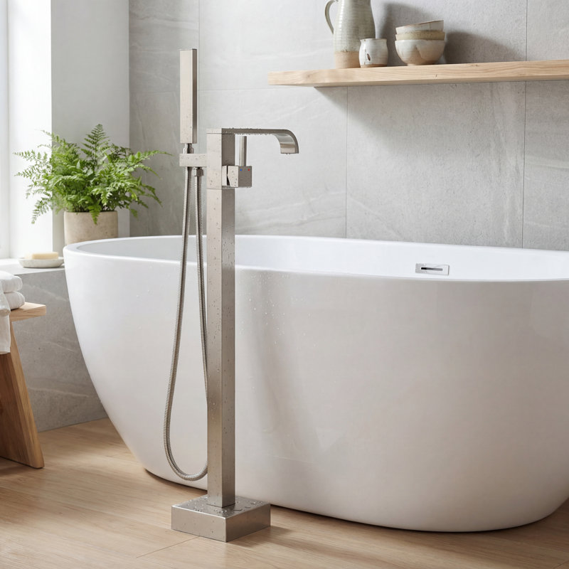 Robinet de baignoire monotrou en acier inoxydable 304 avec douche à main, Nickel brossé