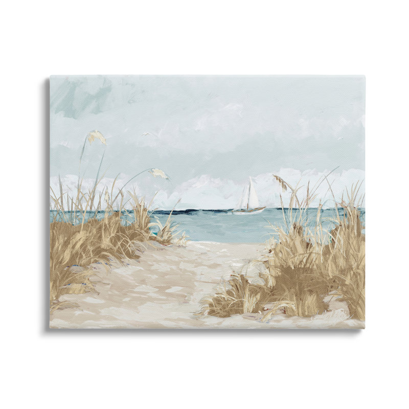 «Sandy Beach Walkway Distant Sail Sailers Floating Sea» par Julie Derice - peinture sur toile à cadre flottant, Toile tendue