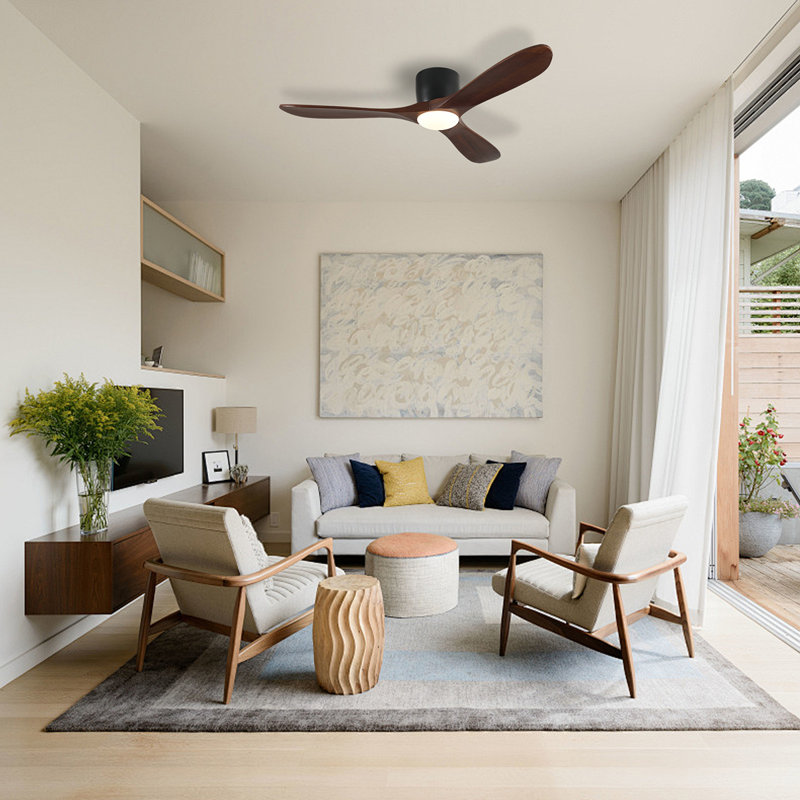 52-Inch Ceiling Fan With Light, 3 Dark Walnut Wood Blades, Remote Control, Reversible DC Motor For Living Room, Black