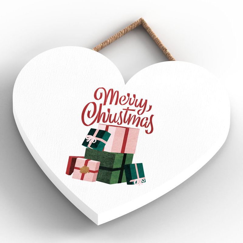 Xmas Merry Christmas Wooden Heart Plaque, 10cm H x 9cm W x 0.5cm D