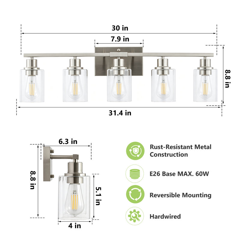 Éclairage de salle de bain 5 lumières à intensité variable, Nickel satiné et transparent, 5