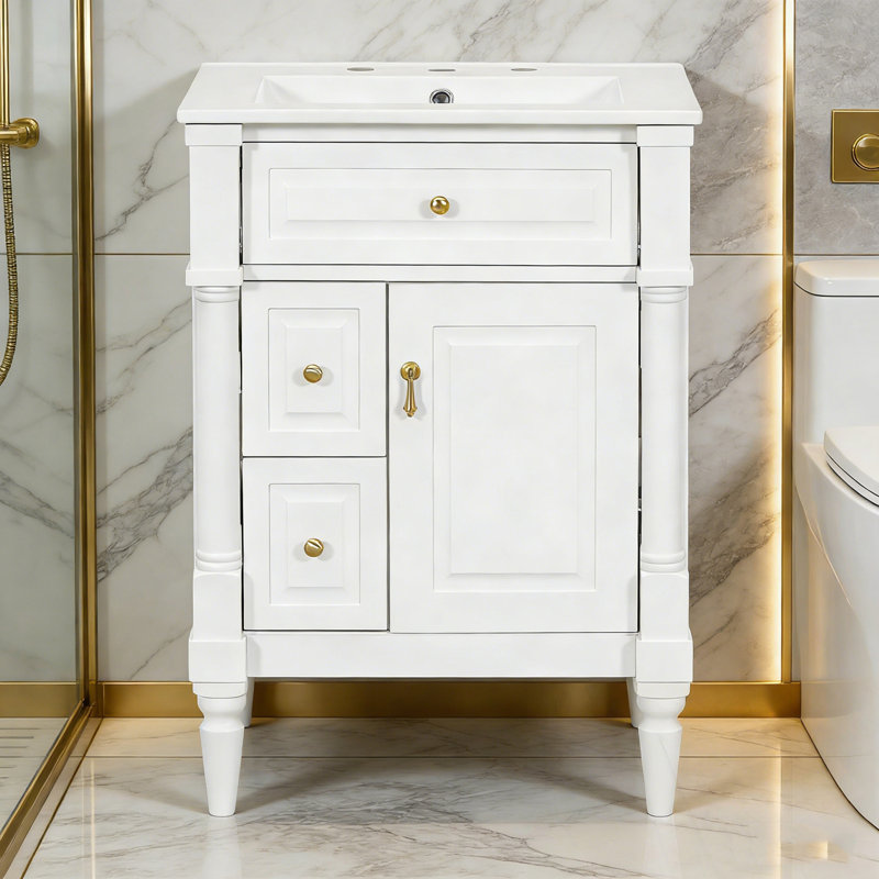 Meuble-lavabo avec lavabo, 2 tiroirs et tablettes de porte, Blanc