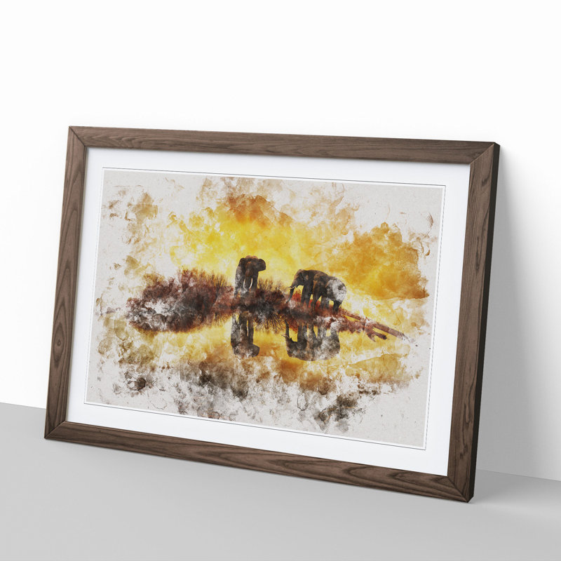 Elephants at Sunset Watercolour - Picture Frame Graphic Art, 27cm H x 36cm W x 2cm D, Walnut