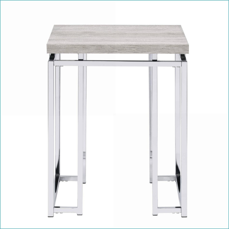 Table basse moderne en chêne naturel avec base en métal chromé, surface spacieuse pour le salon