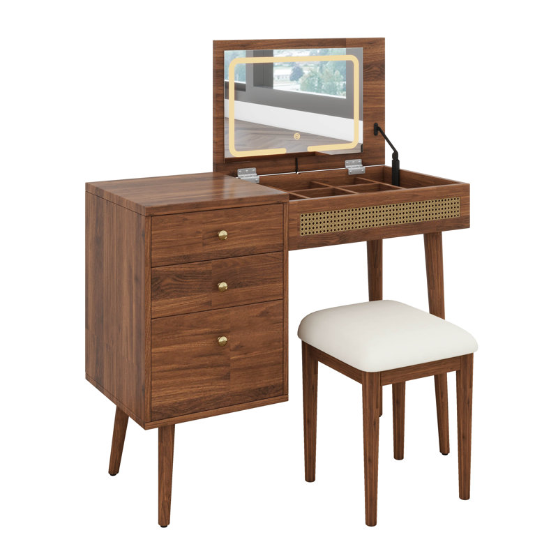 Ensemble de coiffeuse 39 "avec miroir et lumières DEL, coiffeuse avec plateau rabattable, 3 tiroirs, 10 compartiments, ensemble de coiffeuse