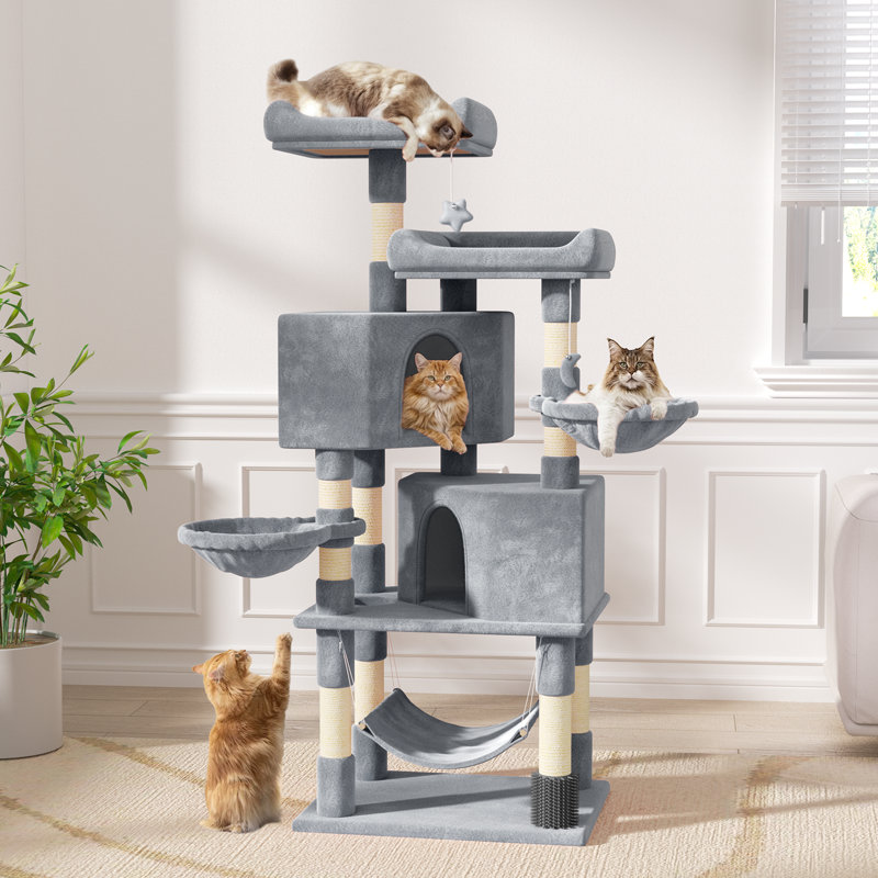 57.5" Large Multi-Level Cat Tree With Sisal Posts, 2 Cubbies, 2 Perches, And 3 Hammocks For Indoor Cats, Grey