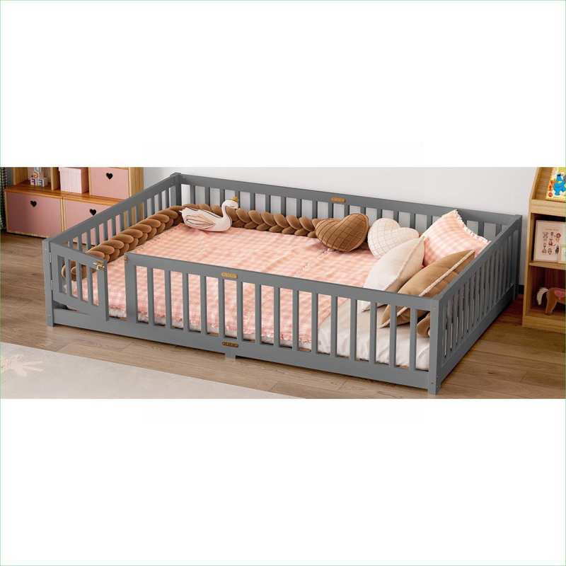 Platform Floor Bed Kids Bedroom Classic Gray Pine Wood Queen Size With Safety Guardrails, Queen, Dark Gray