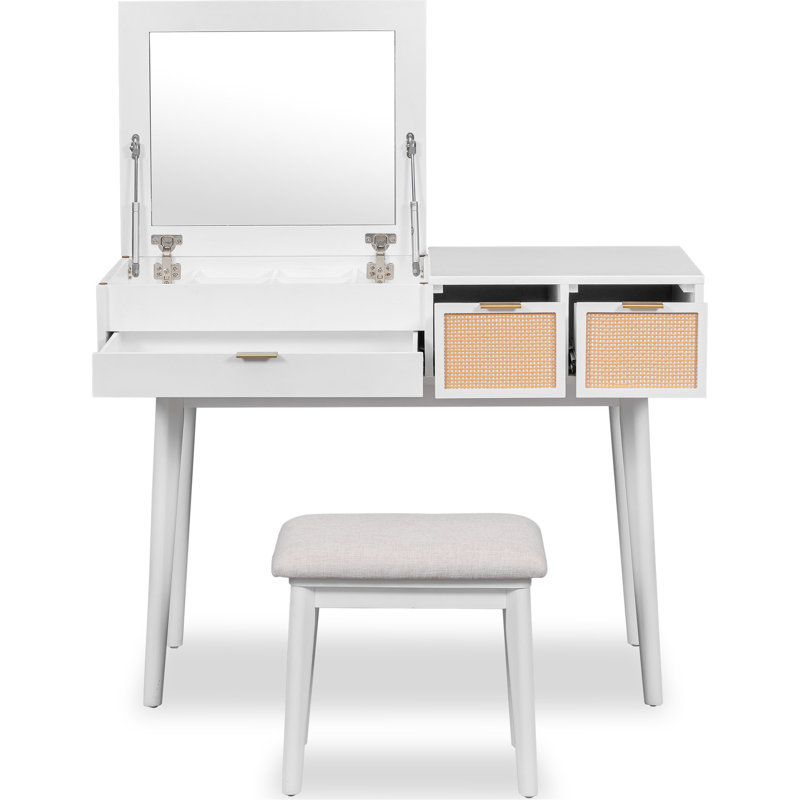 Coiffeuse 43,3 po avec tabouret, miroir rabattable et trois tiroirs, bureau fonctionnel et élégant