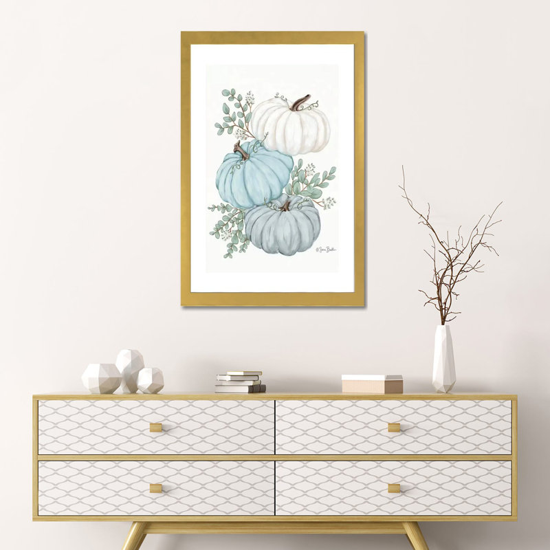 Pumpkin Trio par Sara Baker - reproduction d'art, H 24 po x l 16 po x P 1 po, Papier encadré doré, Blanc