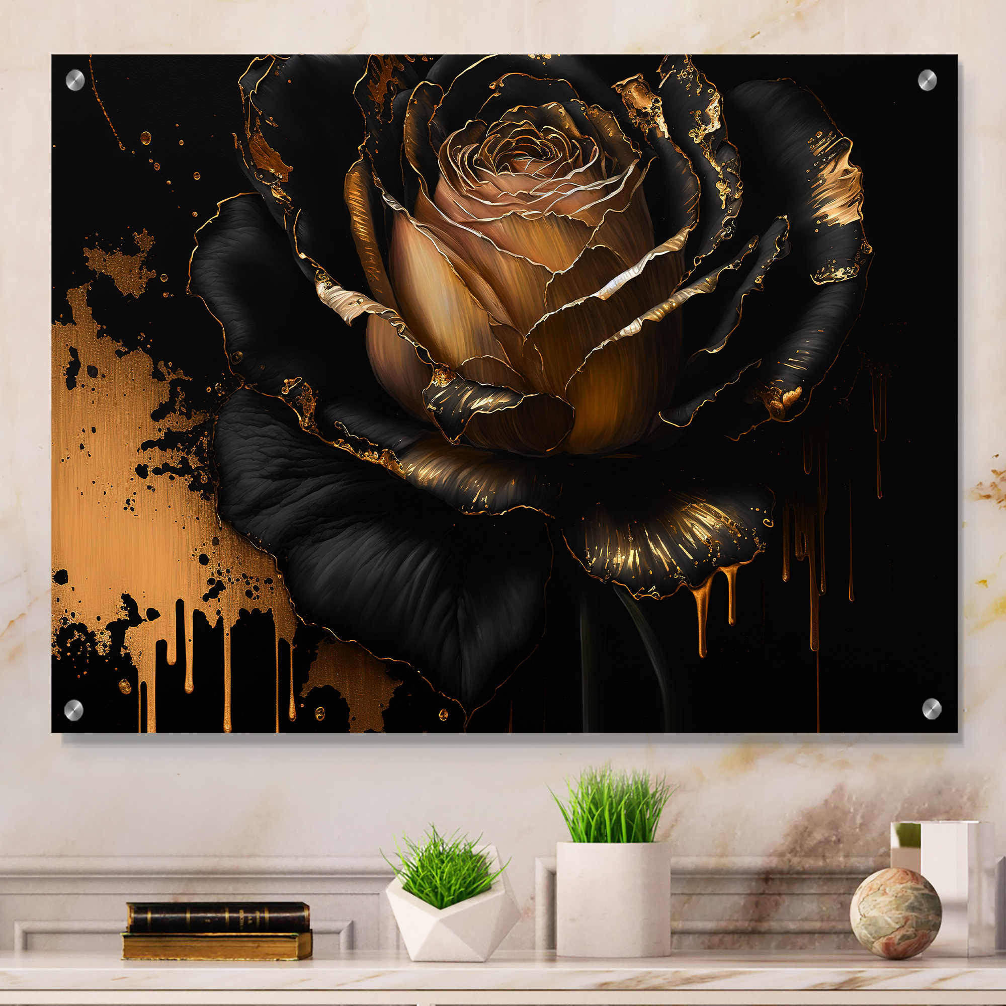 House of Hampton® Black And Gold Rose II Rose Acrylic Wall Art Glass