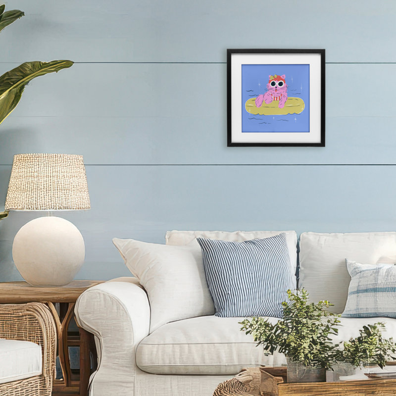 «Summer Pool Float Cat», reproduction encadrée sous verre, conception de Krissy Mast, H 13 po x l 13 po, Cadre noir minuit