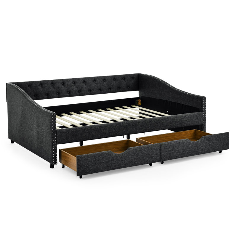 Modern Daybed With Drawers Upholstered Tufted Sofa Bed, With Button On Back And Copper Nail On Waved Shape Arms, Full/Double