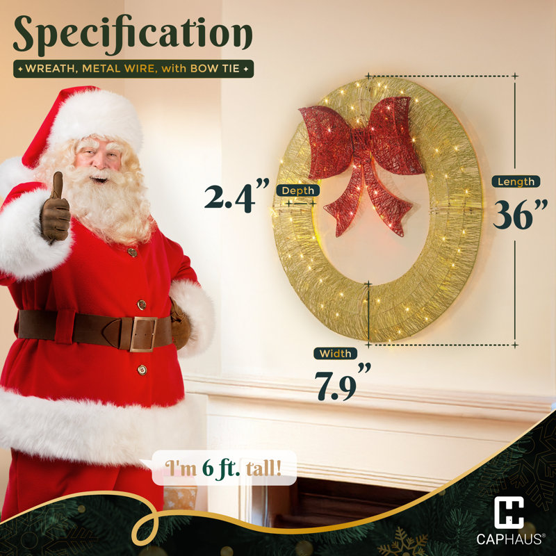 Couronne de Noël 36 po en métal pliable avec lumières DEL, pliable, Or, L 7,9 po x H 36 po x P 2,4 po