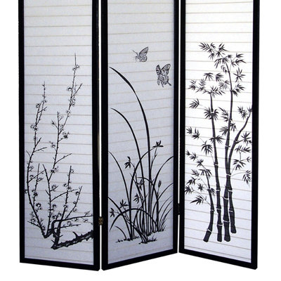 70 po de hauteur à 3 écrans avec une touche florale et une finition noire - Gain d'intimité ajoutent du charme à des silhouettes de plantes sur des panneaux de papier