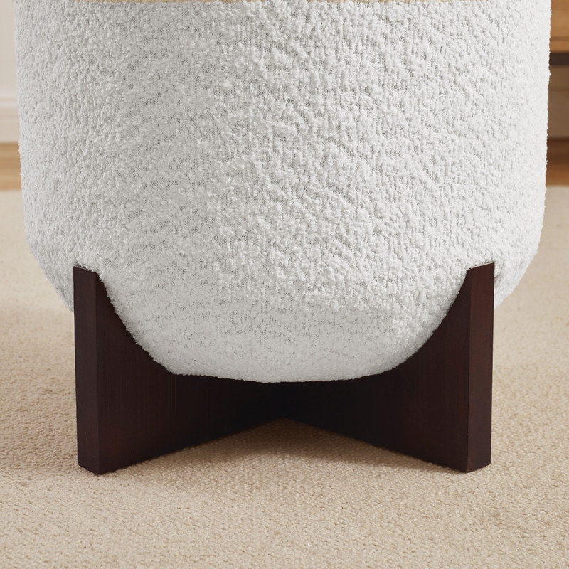 Round Boucle Storage Ottoman, White
