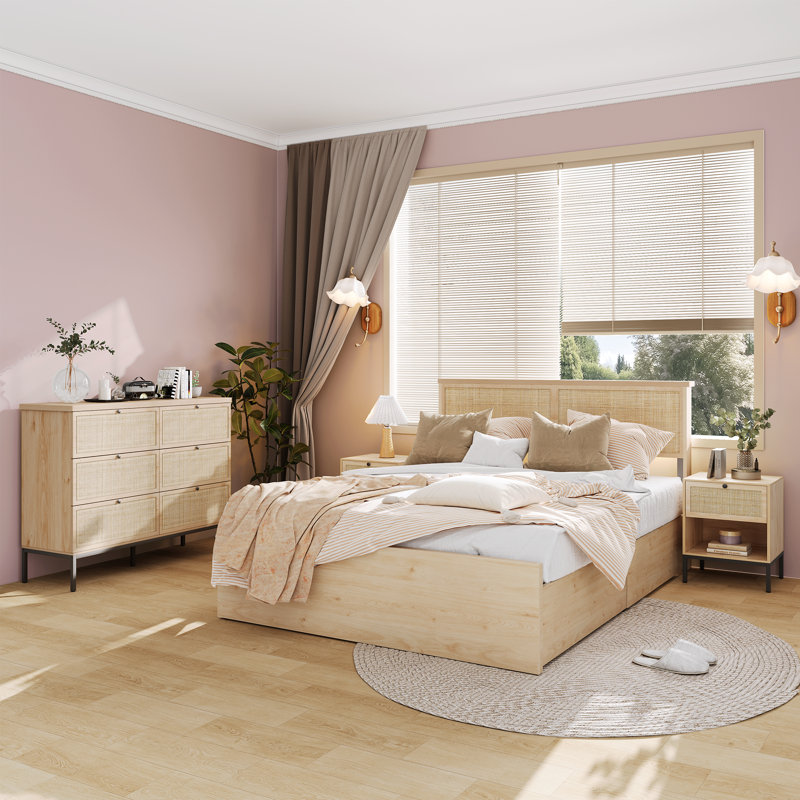 Ensemble de chambre à coucher Boho, Grand lit, 4 Pcs: Bed, 2 Nightstands, Dresser