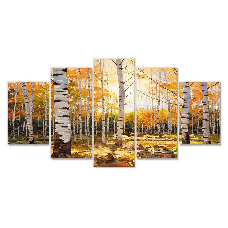 «Sunshine Through The Birch Trees - Tree Birch», art mural sur toile 5 pièces, H 32 po x l 60 po