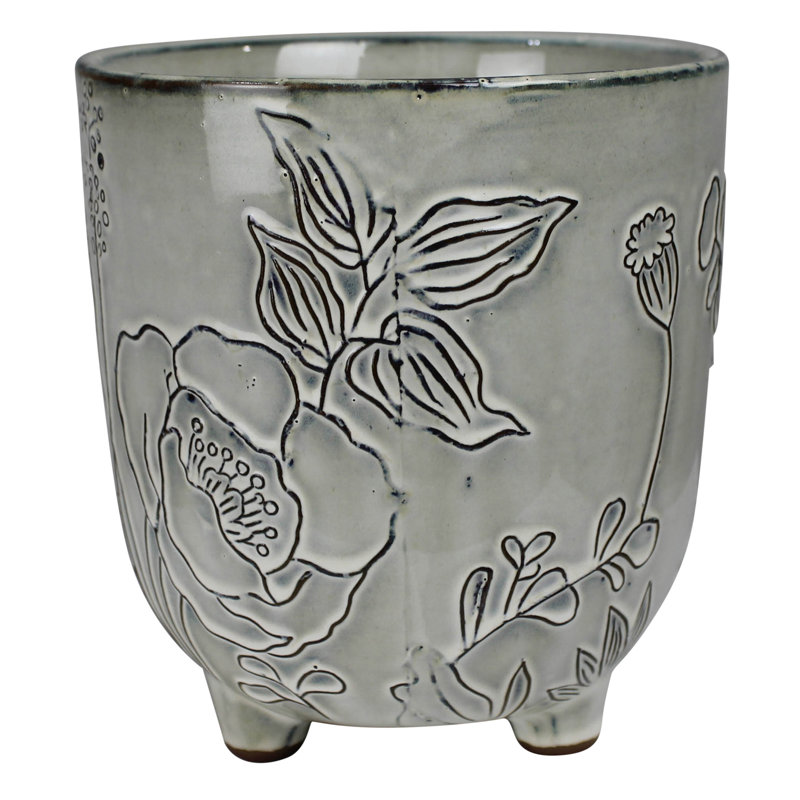 Cachepot With Floral, Ceramic - 6”