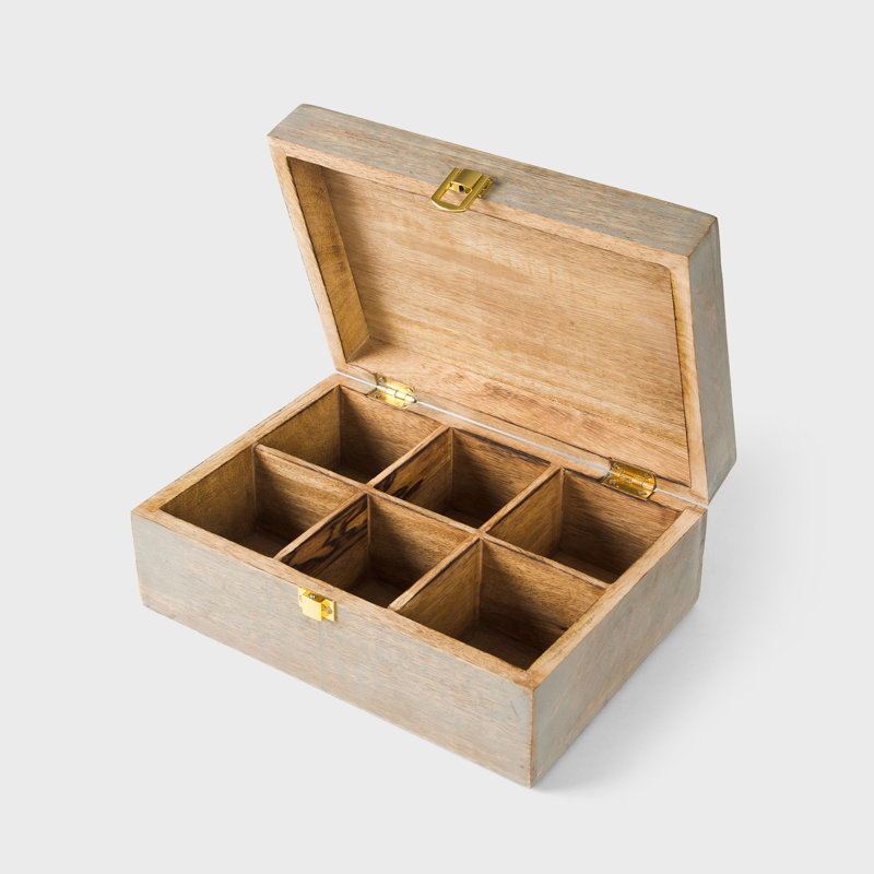 Boîte à souvenirs Toniyah en bois de manguier gris brûlé sculpté à la main, avec 6 compartiments, 6 cloisons