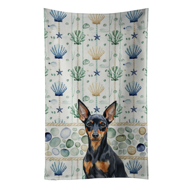 Black and Tan Miniature Pinscher Coastal Sea Glass Kitchen Towel, Black and Tan Miniature Pinscher
