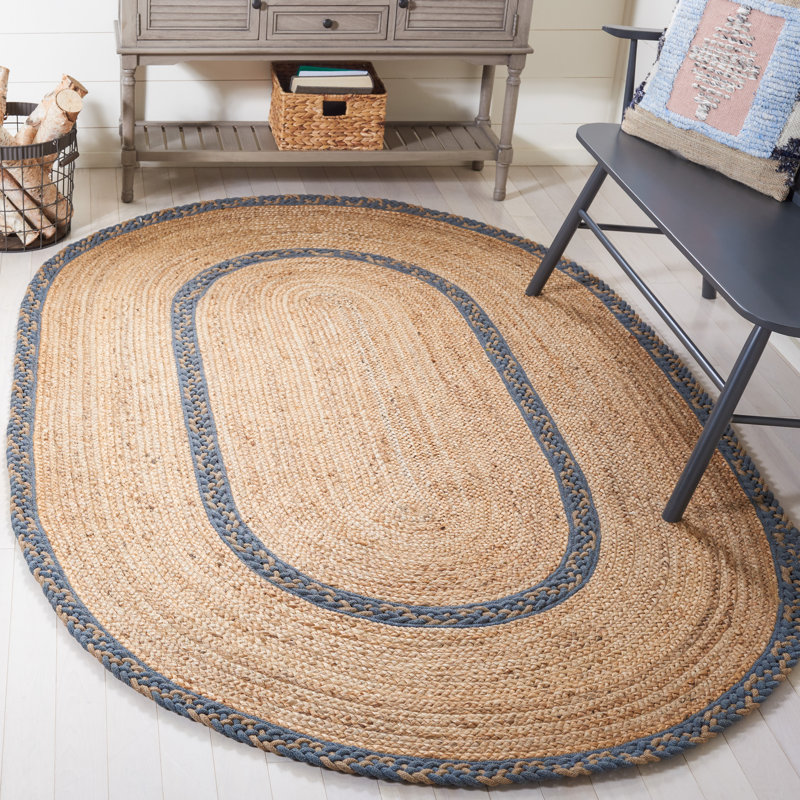 Troche Natural Fiber Hand Loomed Jute/Cotton Rug in Brown/Blue, Oval 5' x 8'