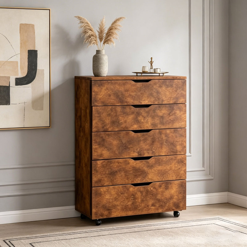 Commode mobile à 5 tiroirs avec roulettes, Brun rustique