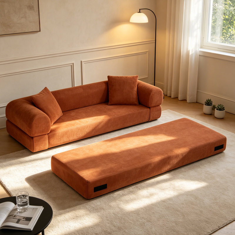 Canapé-lit convertible de 80 pouces pour le salon, canapé de futon en velours côtelé grand format, sans assemblage, canapé de plancher escamotable désossé pour petits espaces, orange
