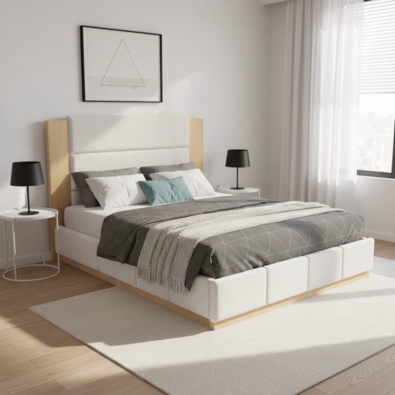 Base de lit tapissier grand format avec tête de lit en bois, Grand lit, Blanc