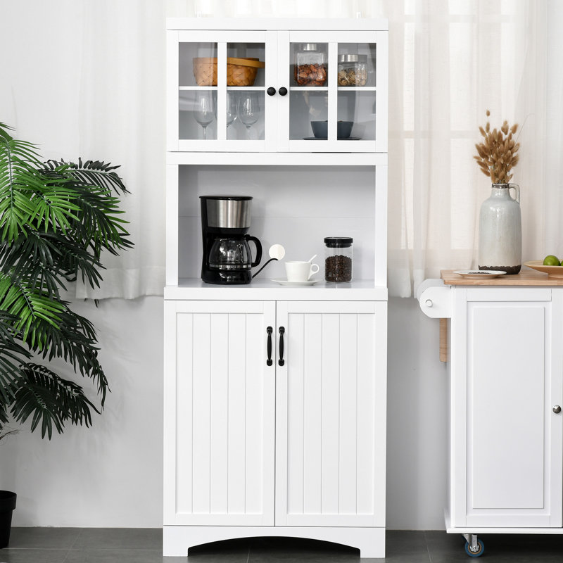 Cuisine blanche avec garde-manger, porte à cadre en verre, tablettes réglables et compartiment à micro-ondes pour la salle à manger. Rangez les pots et les garde-manger. Hauteurs de tablettes personnalisables. Esthétique moderne. Pourboires. L 28,75 po