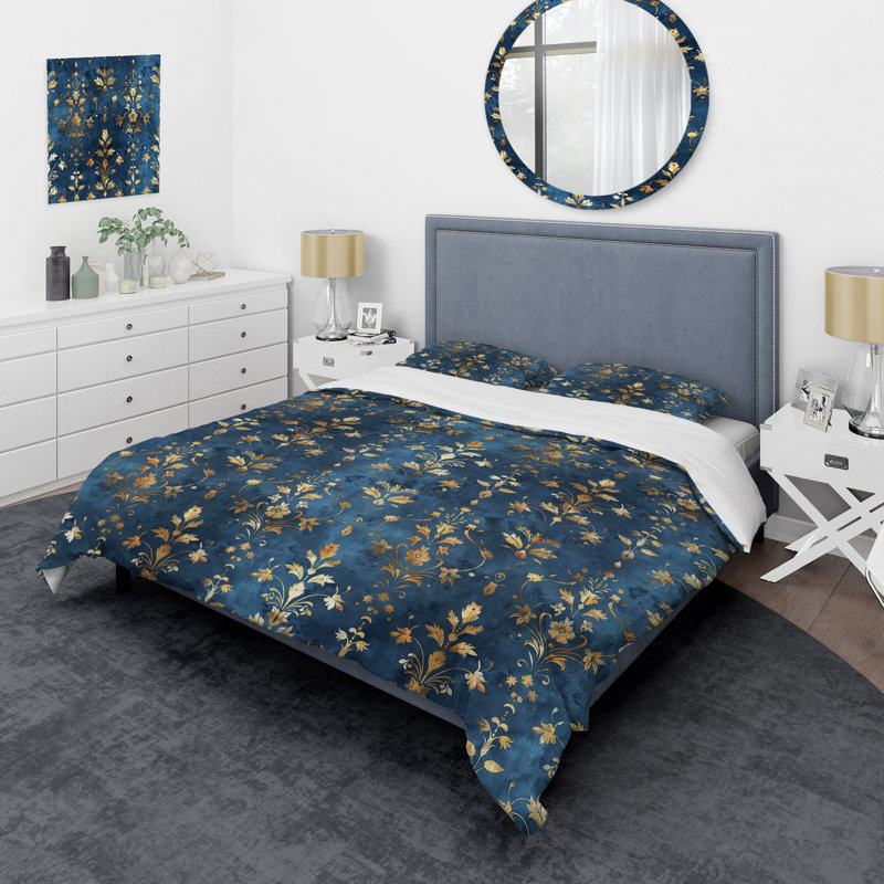 Blue Gold Glam Damask - Ensemble de housse de couette Glam, Housse de couette pour grand lit + 2 taies décora