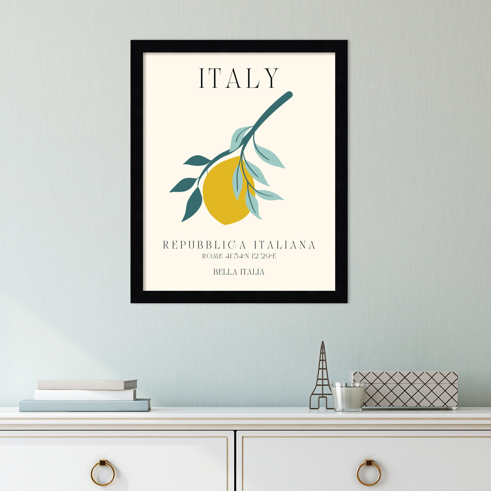 Italy Travel Poster Bella Italia by Chayan Lewis, Black Framed, 14" W x 17" H x 1" D