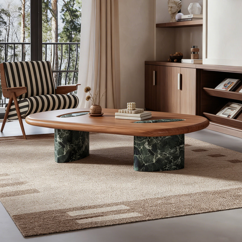 Table basse moderne moderne avec plateau en noyer et détails en marbre vert