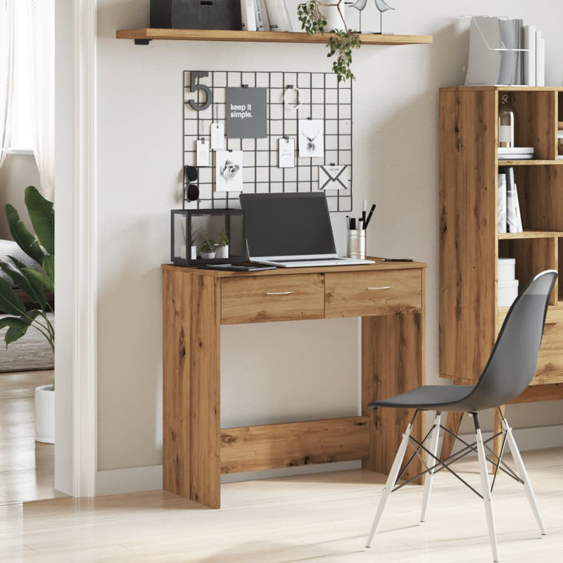 Desk Artisian Oak Engineered Wood Compact Rectangular Modern, Black