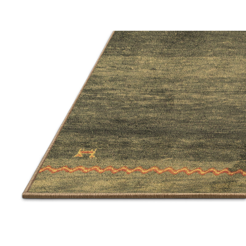 Tapis vert / orange en laine / polyester tissé à la machine, Rectangle 7 pi x 9 pi