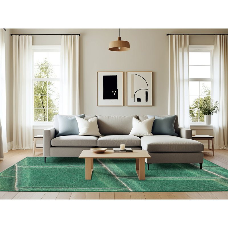Tapis à motif géométrique vert, Rectangle 6 pi x 9 pi