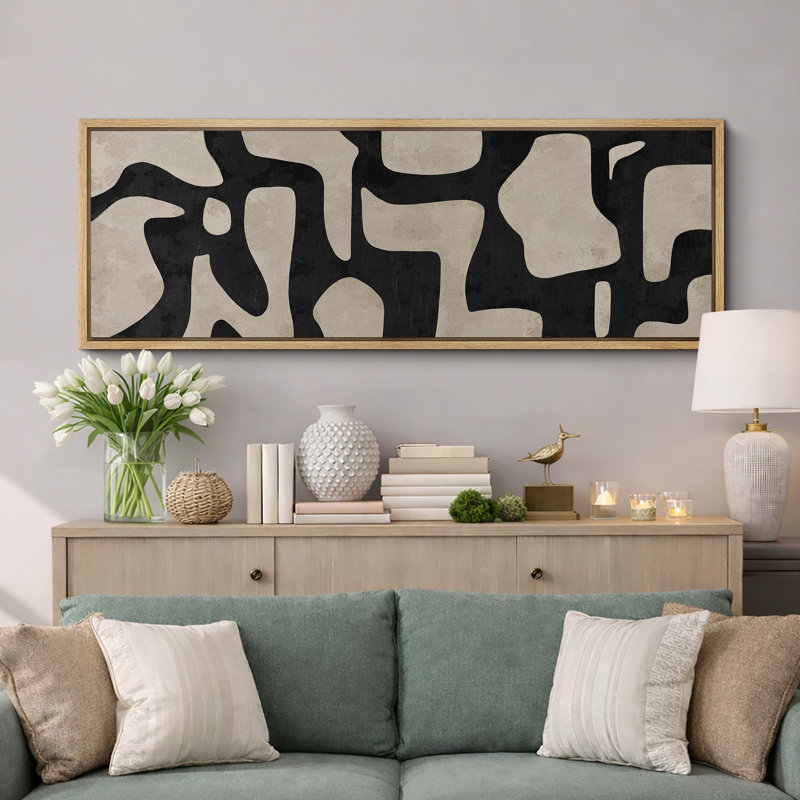 Mid Century Shape Abstract Contours, Black And White Beige Artwork, Retro Bedroom Home Decor, Extra Large Framed Canvas Print Wall Art