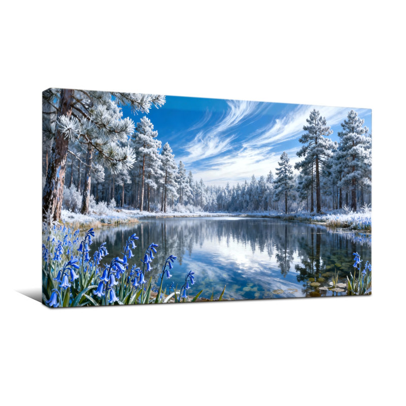 Plantes et fleurs Hiver Forêt Lac Fleurs bleues Ciel Reflet Arbres Neige, H 20 po x l 40 po