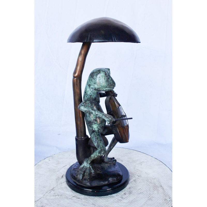 Frog Playing Cello Under Mushroom Bronze Statue -  Size: 10"L X 10"W X 24"H.