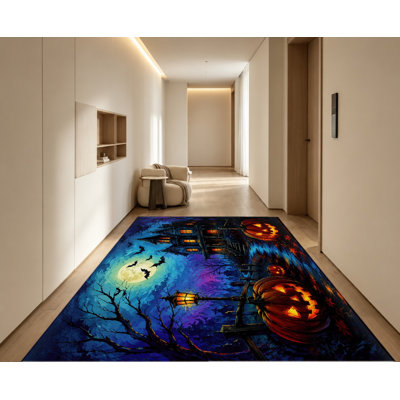 Tapis d'Halloween sur le thème d'Halloween, scène de lune chauve-souris citrouille Spooky, tapis de sol intérieur artistique, décoration festive pour salon, chambre à coucher, entrée, fête