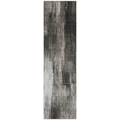 8' Runner Gray and Black Abstract Washable Non Skid Indoor Outdoor Runner Rug