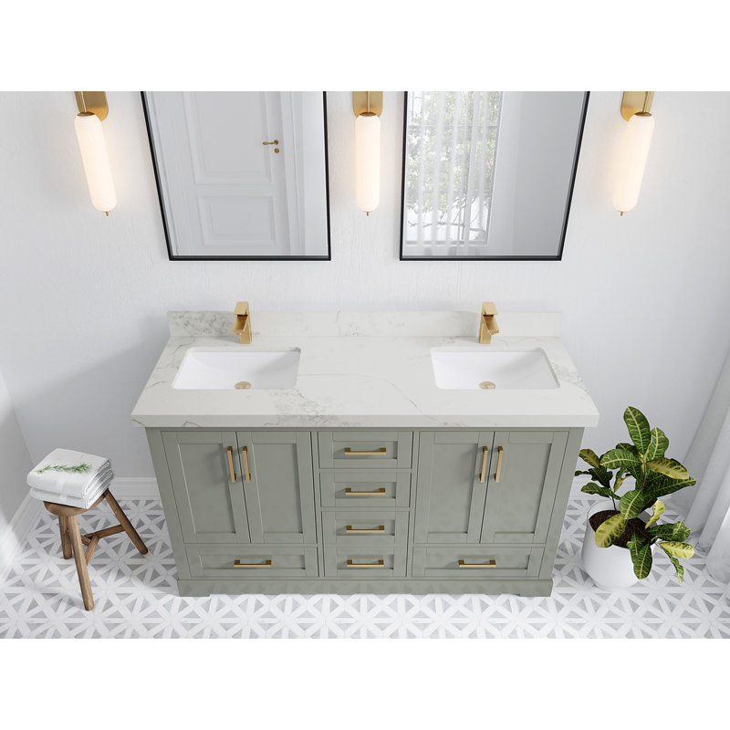 Ensemble de meuble-lavabo double 60 po Esin, Calacatta Nuvo, À feuilles persistantes