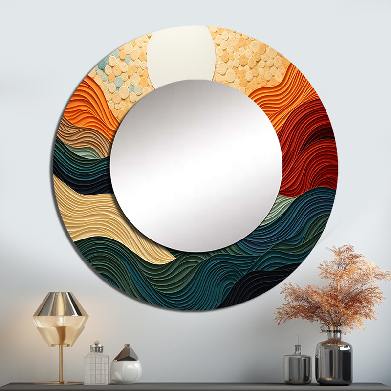 Desert Sands Abstract - grand miroir décoratif, miroir mural rond bleu sarcelle, impression d'art en métal, 36 po x 36 po