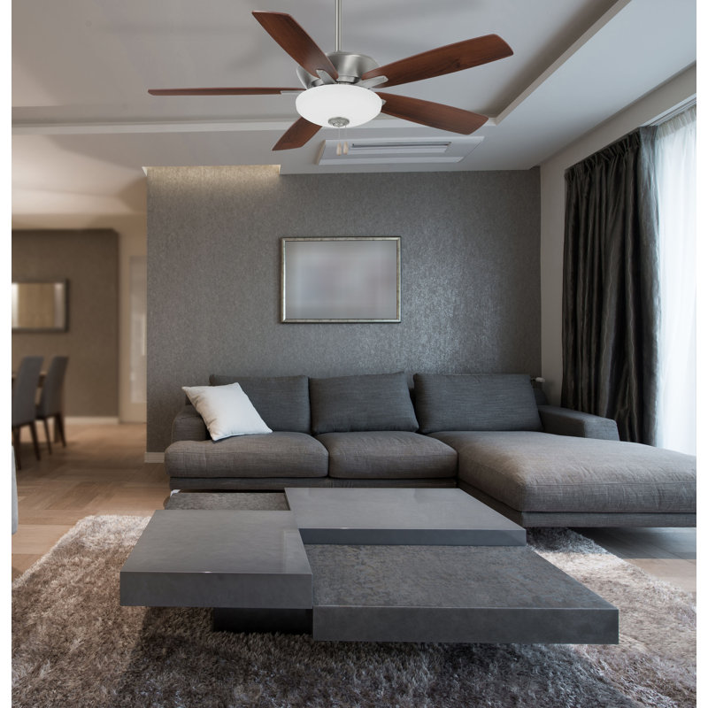 52" 5 - Blade LED Standard Ceiling Fan with Pull Chain and Light Kit Included, Brushed Nickel with Dark Walnut Blades