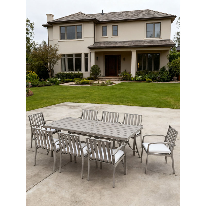 Aluminum Outdoor Dining Table for 8, Rectangle Patio Dining Table with 2.2" Umbrella Hole, 8 Person Outdoor Dining Table for Deck, Backyard, Garden, Poolside, Limed Oak