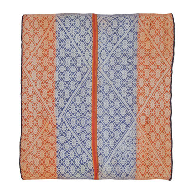 Vintage Peruvian Square Kilim, Blue & Orange Diamond Lattice Design - Rug & Kilim
