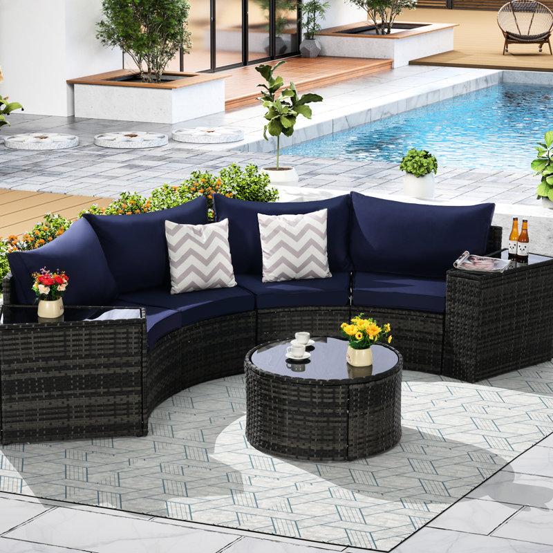 Mobilier de patio modulaire demi-lune 7 avec table - Fabrication, tissu, café en verre trempé lavable, housses de siège spacieuses