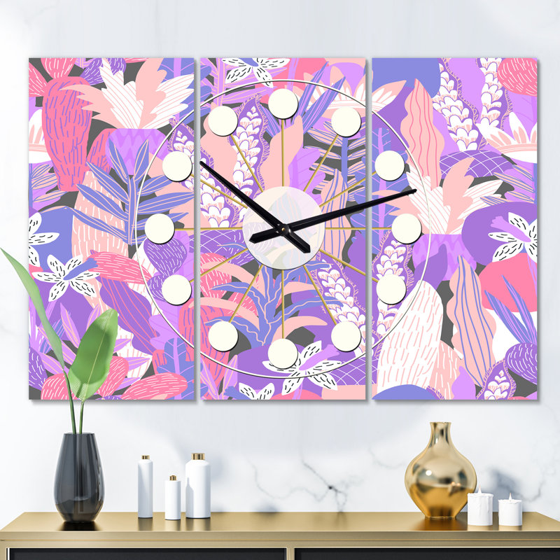 Horloge murale surdimensionnée fleurs imaginaires Mid-Century