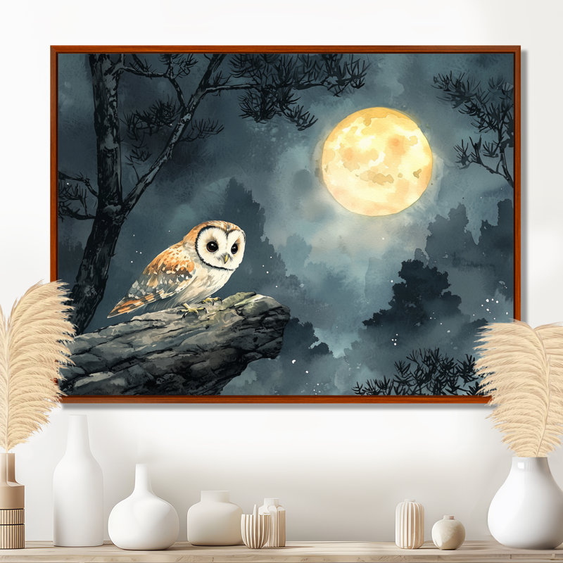 Chouette brumeuse au clair de lune - art mural grand hibou, H 30 po x l 40 po, Cadre flottant, Brun