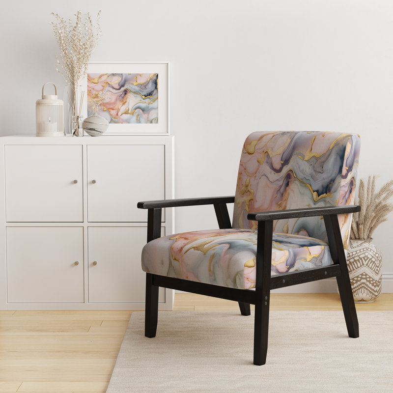 Fauteuil Berdahl, Rose / polyester doré, Accoudoirs carrés noirs