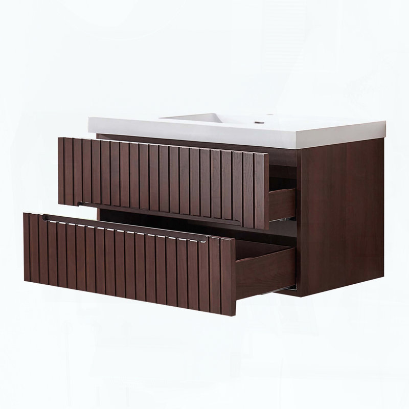 Meuble-lavabo mural flottant avec lavabo intégré en acrylique et 2 tiroirs, Noyer de 37 po